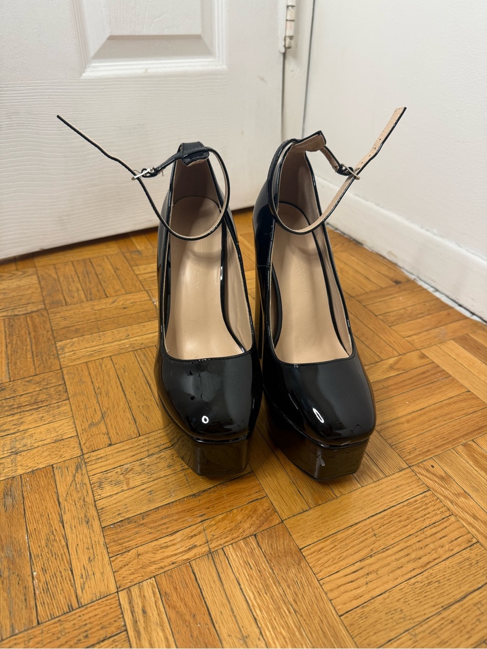 Black Patent Platform Ankle-Strap Pumps